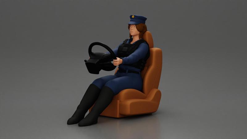 Focused officer in blue uniform driving seated holding steering wheel