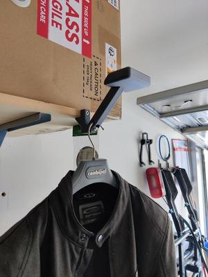 Helmet and jacket holder for 18mm wood shelf