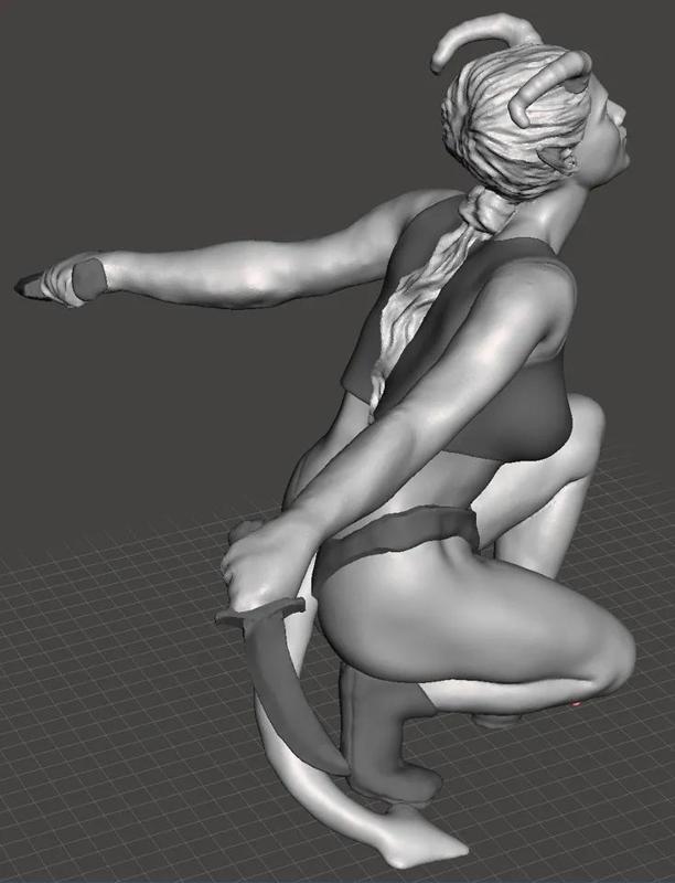 Frisky Tiefling female, sleep garb, crouched with daggers   