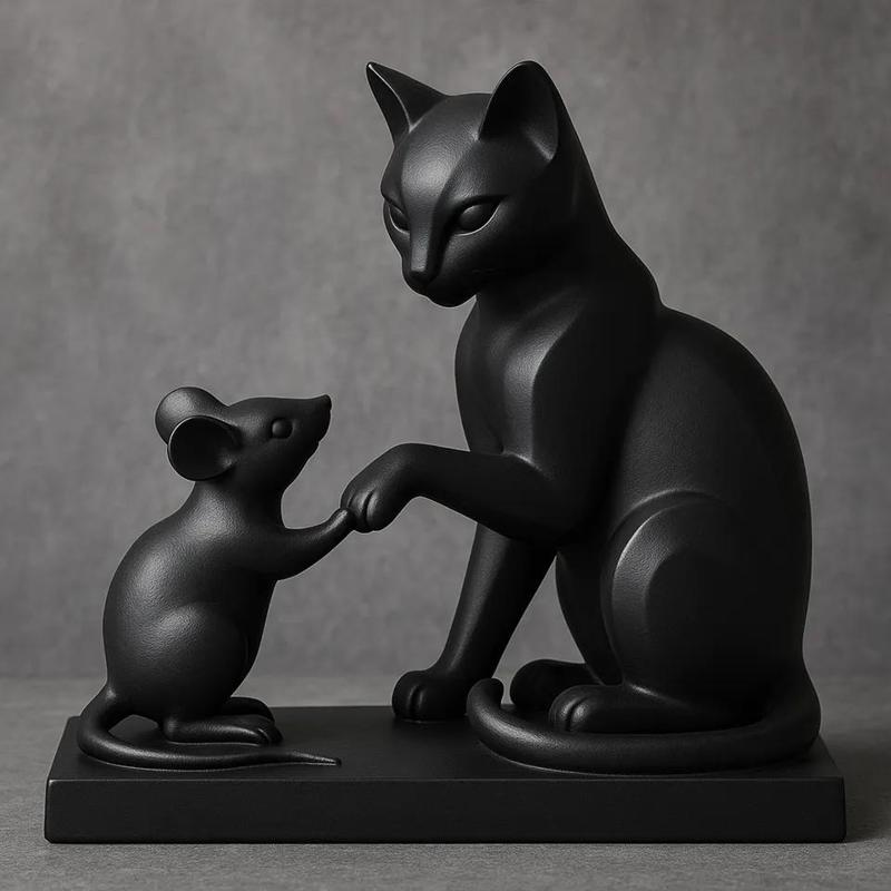 Modern Black Cat & Mouse Cute Figurine Art   