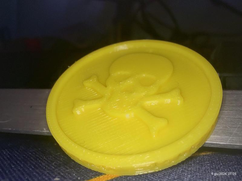 Moneta dei pirati con testo sul bordo e foro