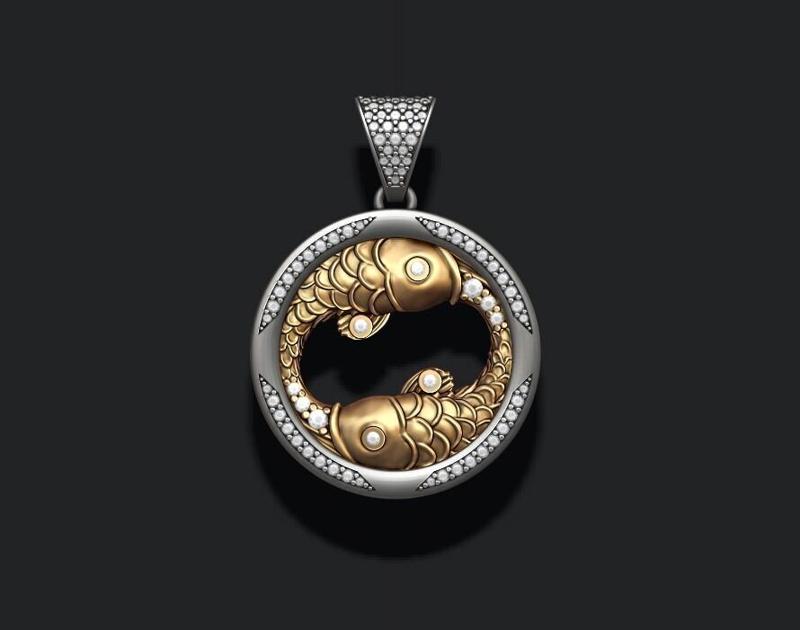 Horoscope Pisces fish pendant with gems 3D print model