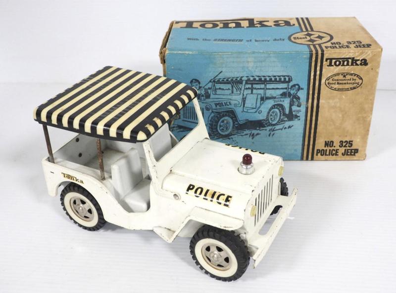 1965 Tonka Toys Police Jeep #325 and 1962 Elvis Surrey Jeep #350 Striped Hardtop Roof