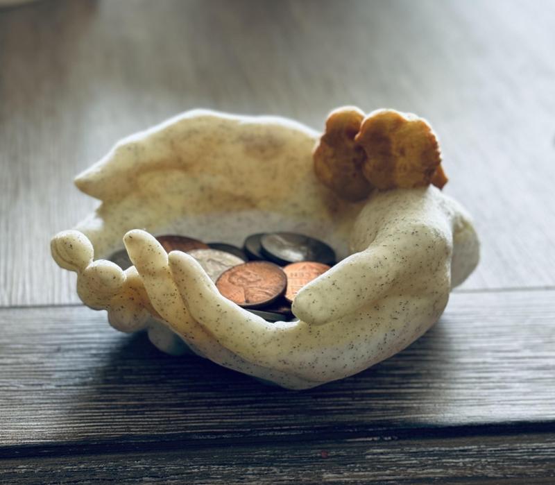 Cupped hands with birds on wrist holder