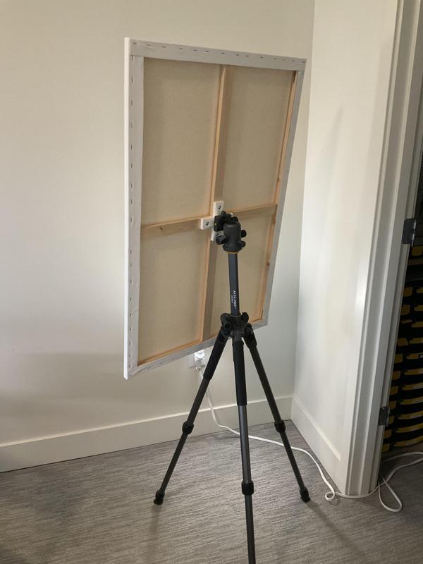 Adapter to use a photography tripod as a painting easel ("gurney easel")
