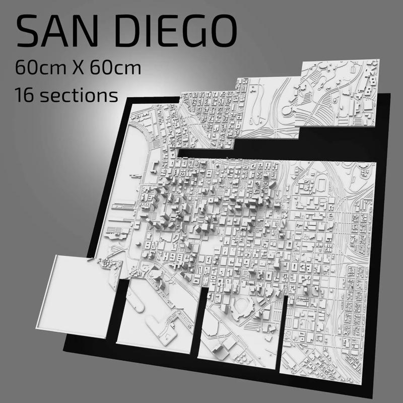 3D San Diego | Digital Files | 3D STL File | San Diego 3D Map | 3D City Art | 3D Printed Landmark | Model of San Diego Skyline | Art