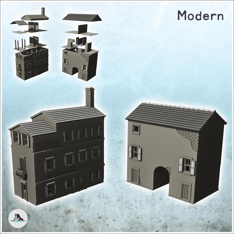 Set of two damaged European houses with arch and balconies (9) - World War Two Second WWII Front Eastern Western Axis Allied