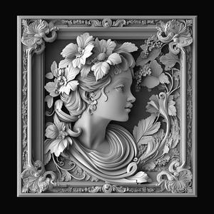 Floral Muse Elegant Woman Bas-Relief in Ornamental Frame