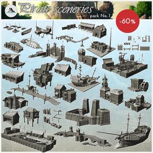 Pirate sceneries pack No. 1 - Pirate Jungle Island Beach Piracy Caribbean Medieval Skull Renaissance