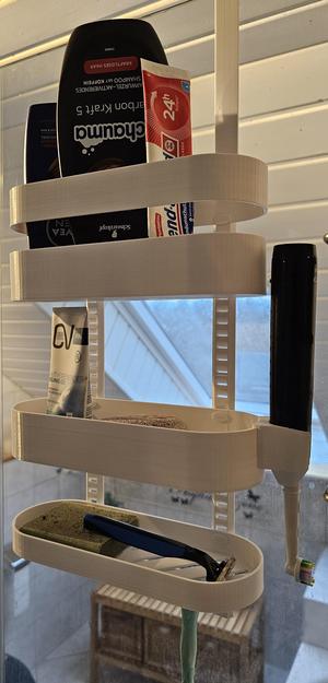 Complete customizeable and interchangeable shower/bath shelf system.