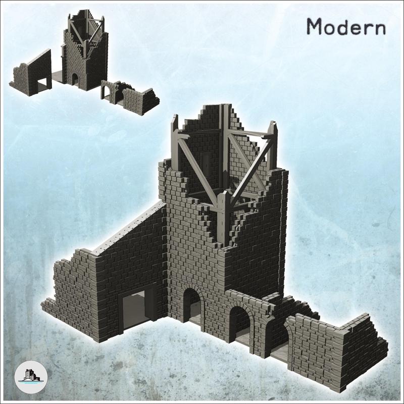 Ruined building with large tower with wooden frame and arches (37) - World War Two Second WWII Western campaign USA UK Germany