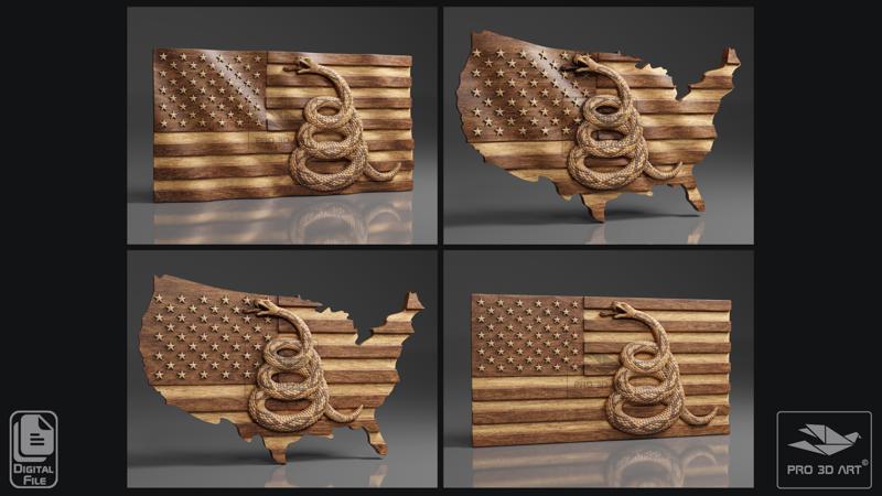 US Flag and Map - Dont Tread On Me - Pack - CNC Files For Wood, 3D STL Models