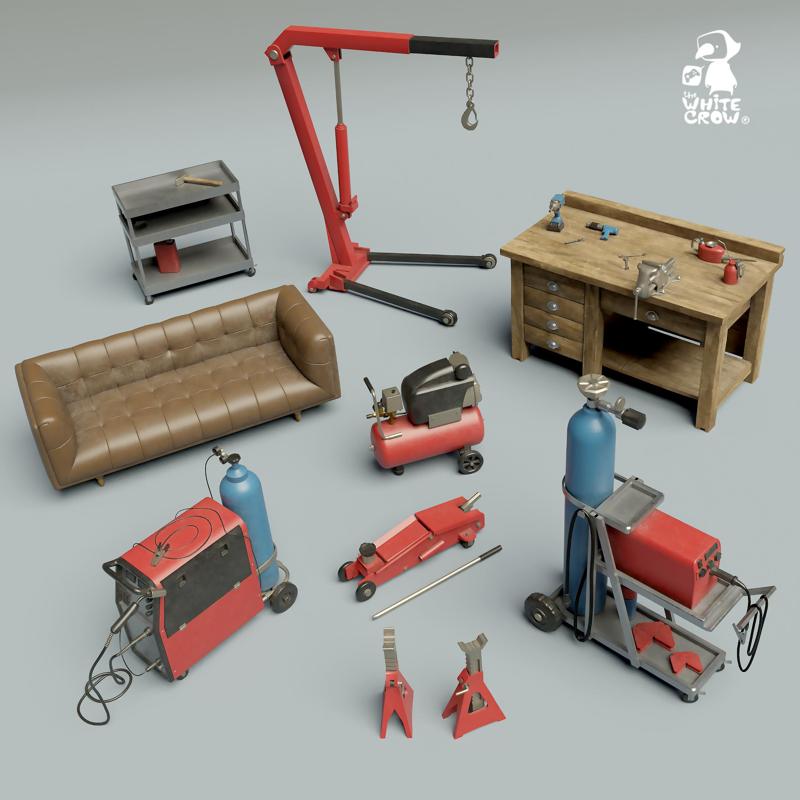 Garage, tools, furniture, welding machine, compressor, jack, Vise, wrench.