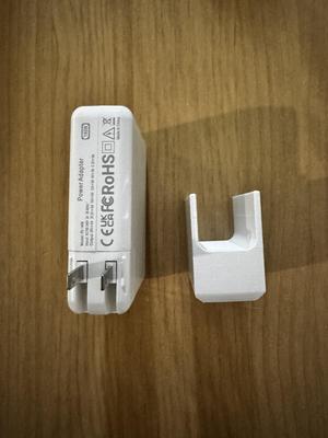 A support stand for a MacBook Pro power adapter
