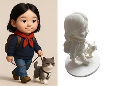 AI-generated Figurine Model - Schoolgirl with Backpack and Cat