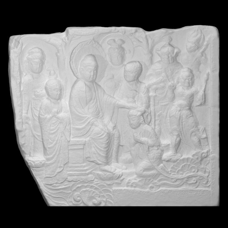 Buddha stroking the head of a follower