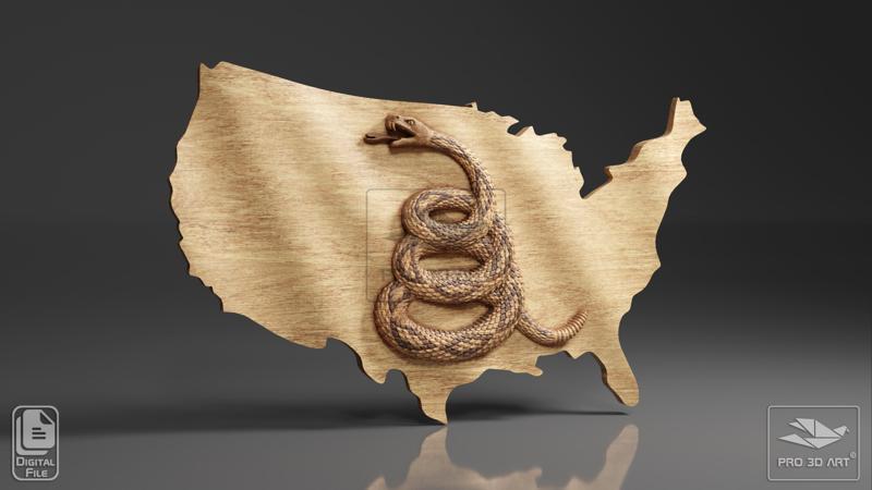 Dont Tread On Me Wavy Flag - US Map - CNC Files For Wood, 3D STL Model