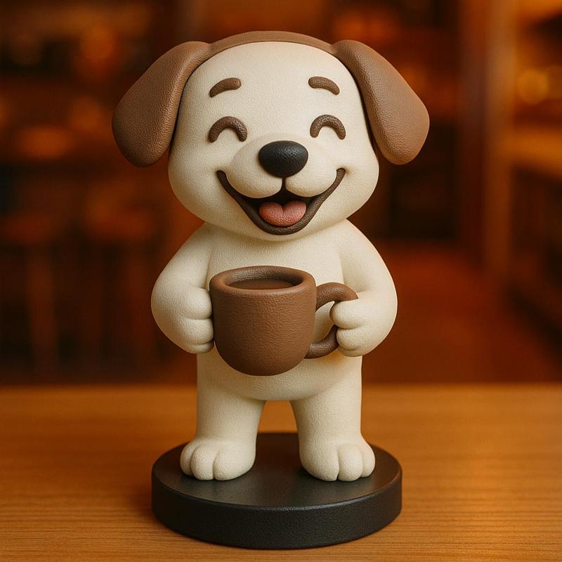 Cute Dog Drinking Coffee Miniature Figurine with Stand