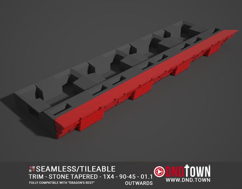 Trim - Stone - Bricks (TAPERED) - 1x4 - 90-45 Degrees - 1.1 (OUTWARDS) - 3D Modular Dungeon Tile - DnD Town Minis (www.dnd.town)