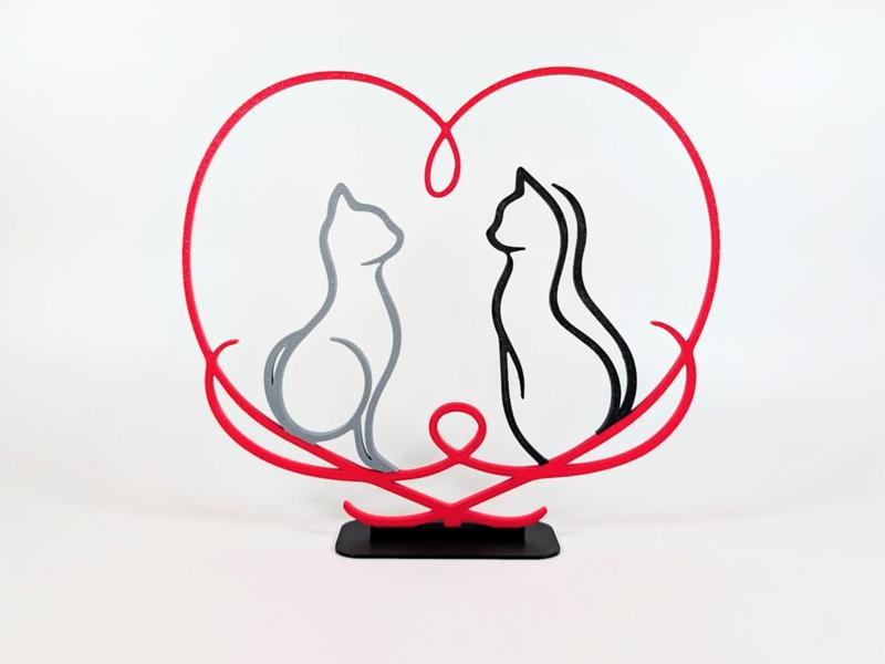 Elegant Flowing Line Love Heart Cats