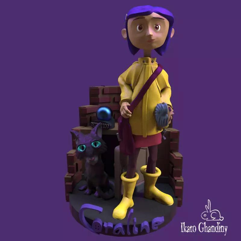 Coraline statue of girl with hair