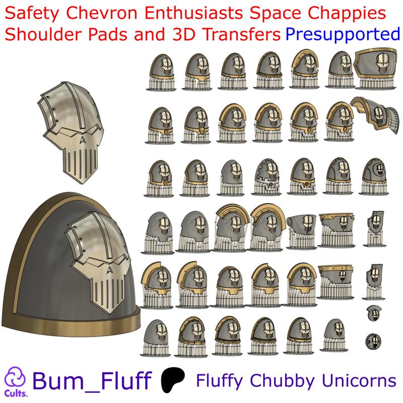 Safety Chevron Enthusiasts Space Chappies Shoulder pads and 3D Transfers - Iron Warriors - Now Presupported