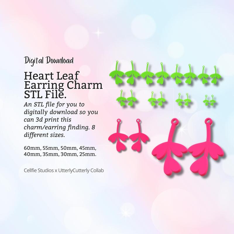 Heart Leaf Earring Charm STL File - Flower Digital Download -8 Sizes- Necklace Earring Keyring Modern Design