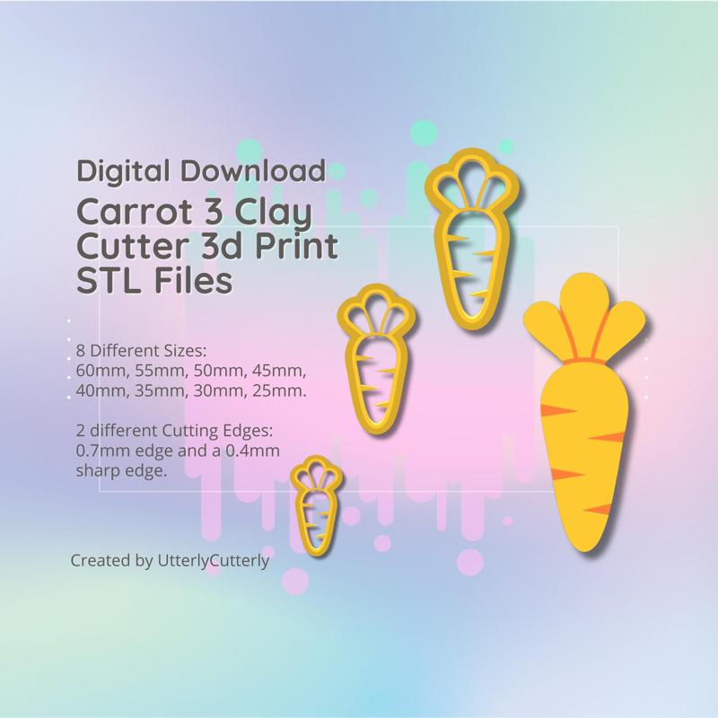 Carrot 3 Clay Cutter - STL Digital File Download- 8 sizes and 2 Cutter Versions