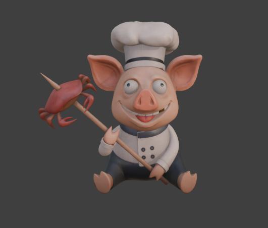 Cartoon Chef Pig with Crab Skewer - Funny 3D Print Model STL
