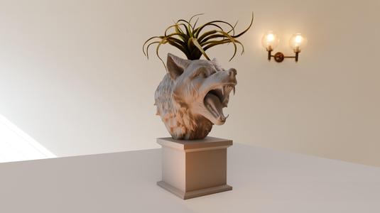 wolf head roaring bust planter pot flower vase stl