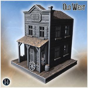 Two-story wooden bar with porch, wagon wheel, barrel and tiled roof over entrance (5) - Cowboy USA America ACW American Civil War History Historical
