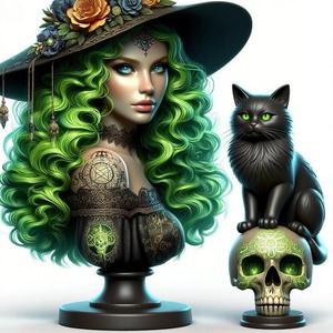 1988 Green-Haired Witch Bust with Cat and Skull, magic, dragon, serpent, mask, gnome, gorgon, venetian carnival, wild, fox, monster, cat, fair, witch, werewolf, horror, beast, snake, troll, skeleton dance