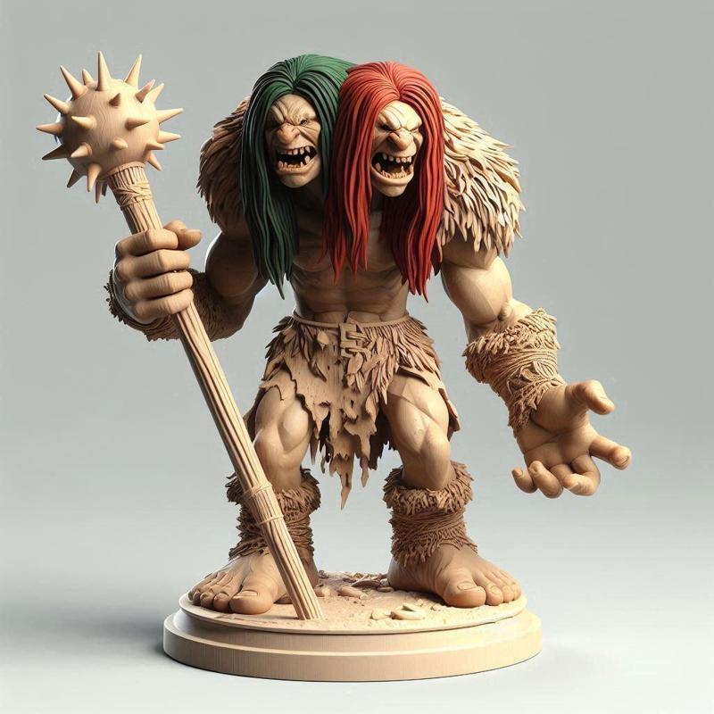 694 Two-Headed Roaring Norwegian Troll - 3D-Printed Ivory-Style Statue, fantasy, wood, base, sword, warrior, wild, low poly, dragon, dnd, cat, monster hunter, monster, dog, godzilla, fair, totem