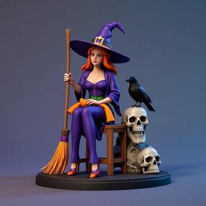 1388 Elegant Witch with Broom, Raven and Skull - Colorful Full-Body Figurine, magic, creature, fantasy, wood, gnome, gorgon, warrior, wild, fox, monster, cat, dog, fair, witch, werewolf, horror, beast, gothic, troll