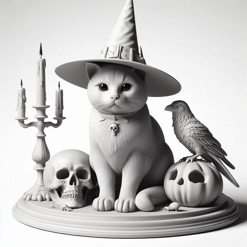 354 Witch Cat Composition - Skull, Raven & Candleholder on Shared Ivory Base, 3d model, statue, 3d print, magic, creature, sculpture, fantasy, art, dragon, wood, base, sword, warrior, wild, low poly, lion, monkey