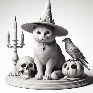 354 Witch Cat Composition - Skull, Raven & Candleholder on Shared Ivory Base, 3d model, statue, 3d print, magic, creature, sculpture, fantasy, art, dragon, wood, base, sword, warrior, wild, low poly, lion, monkey