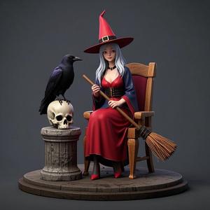 1525 Elegant Witch with Broom, Raven and Skull - Colorful Full-Body Figurine, magic, creature, fantasy, wood, gnome, gorgon, warrior, wild, fox, monster, cat, dog, fair, witch, werewolf, horror, beast, gothic, troll