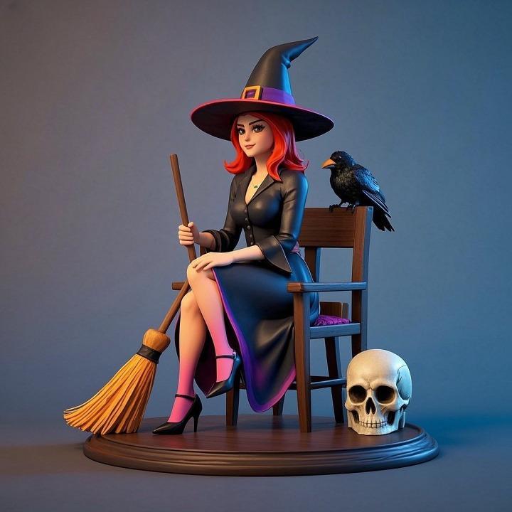 1508 Elegant Witch with Broom, Raven and Skull - Colorful Full-Body Figurine, magic, creature, fantasy, wood, gnome, gorgon, warrior, wild, fox, monster, cat, dog, fair, witch, werewolf, horror, beast, gothic, troll
