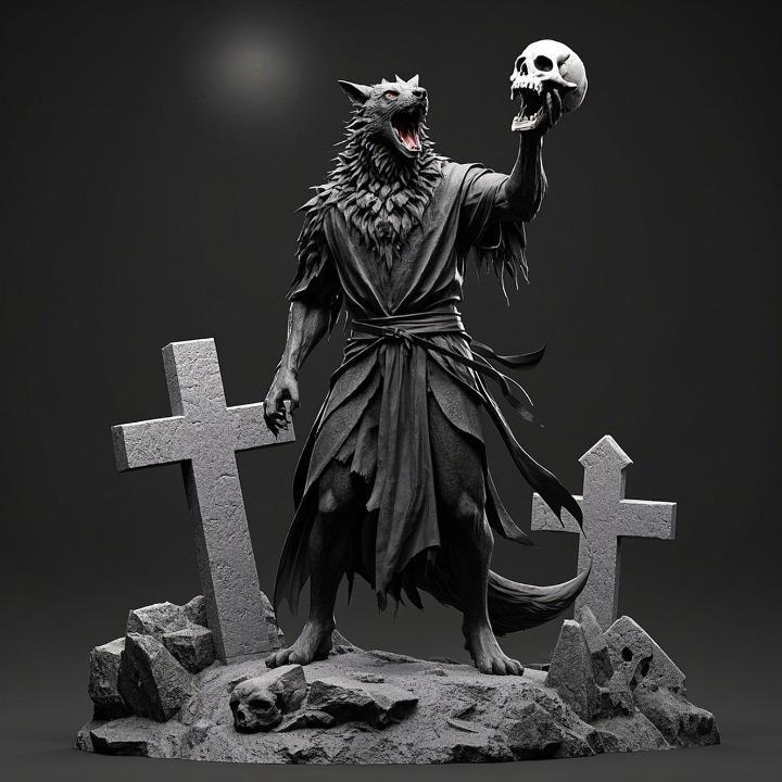 1703 COLORFUL Werewolf Howling with Skull - 3D Model, beast, magic, creature, fantasy, wood, base, sword, warrior, wild, cat, monster, dog, godzilla, fair, witch, werewolf, horror, beast, gothic, troll
