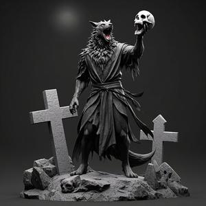 1703 COLORFUL Werewolf Howling with Skull - 3D Model, beast, magic, creature, fantasy, wood, base, sword, warrior, wild, cat, monster, dog, godzilla, fair, witch, werewolf, horror, beast, gothic, troll