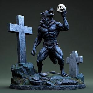 1731 COLORFUL Werewolf Howling with Skull - 3D Model, beast, magic, creature, fantasy, wood, base, sword, warrior, wild, cat, monster, dog, godzilla, fair, witch, werewolf, horror, beast, gothic, troll