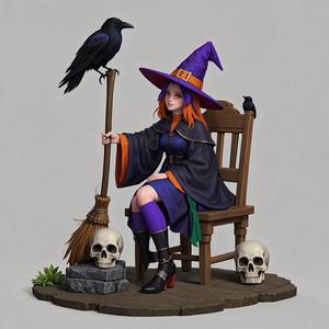 1682 Witch with Raven and Skulls - Color 3D Printed Statue, magic, dragon, serpent, mask, gnome, gorgon, venetian carnival, wild, fox, monster, cat, fair, witch, werewolf, horror, beast, snake, troll, skeleton dance