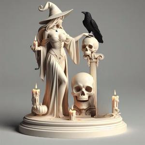 1896 Elegant White Witch with Candles, Black Raven and Skull - Full-Body Figurine, magic, dragon, serpent, mask, gnome, gorgon, venetian carnival, wild, fox, monster, cat, fair, witch, werewolf, horror, beast, snake, troll, skeleton dance