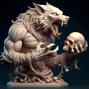 1793 Ivory Werewolf Howling with Skull - Minimalist Statue, magic, dragon, serpent, mask, gnome, gorgon, venetian carnival, wild, fox, monster, cat, fair, witch, werewolf, horror, beast, snake, troll, skeleton dance