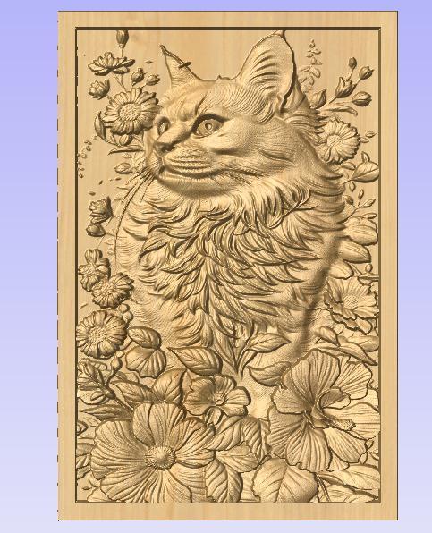 Cat Among Cosmos Flowers – Detailed 3D Relief STL for CNC Carving