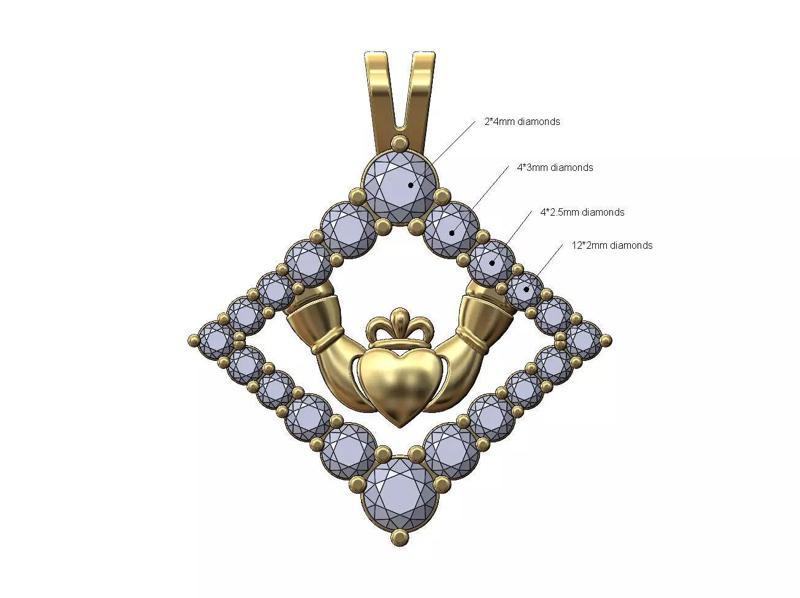 Diamond rhombus frame Claddagh heart crown pendant