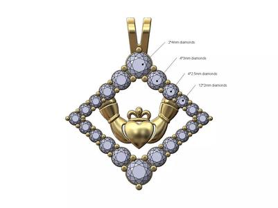 Diamond rhombus frame Claddagh heart crown pendant