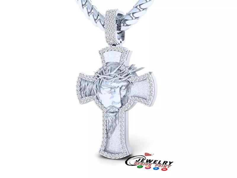 Custom Jesus Face w Cross Diamond Pendant - Cross Necklace