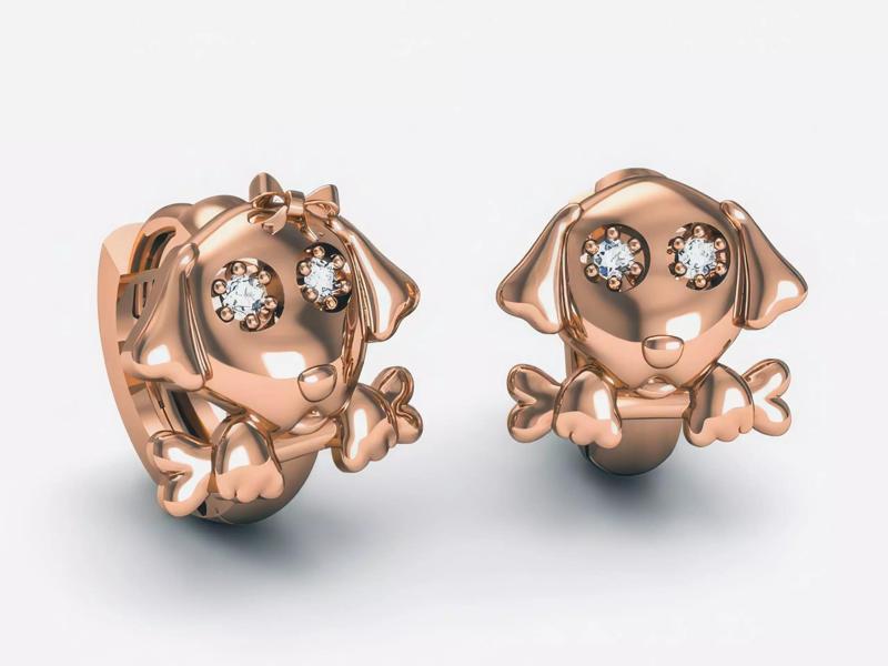 Puppy Dog Women Diamond Earrings 3dm render detail