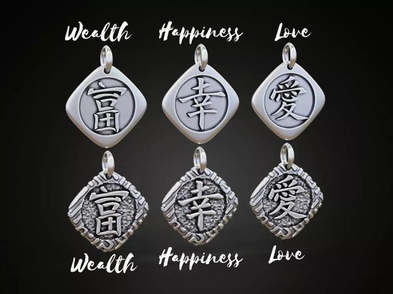 Kanji necklaces pendants love wealth happiness